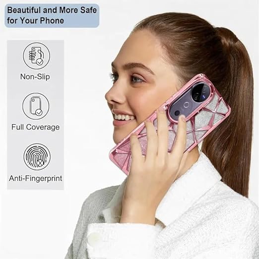 Vivo Y17/ Y15/ Y12/ U10 Luxury Electroplated 3D Cube Diamond Bling Shiny Shockproof Stylish Design Slim Protective Back Cover for Girls & Women (Pink)