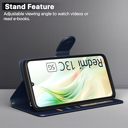 Flip Cover Redmi 13C 5G Leather Finish | Inside TPU with Card Pockets | Wallet Stand and Shock Proof | Complete Protection Flip Case for Redmi 13C 5G(Blue)
