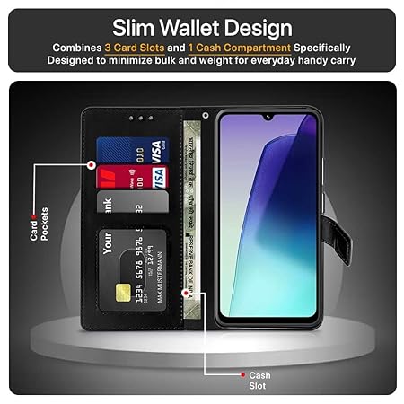WOW IMAGINE Shock Proof Flip Cover Back Case Cover for Redmi A4 5G | Poco C75 5G | 14C 5G | Poco M7 (Flexible | Leather Finish | Card Pockets Wallet & Stand | Black)