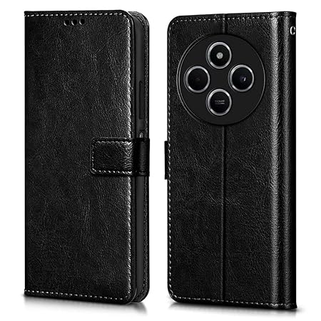WOW IMAGINE Shock Proof Flip Cover Back Case Cover for Redmi A4 5G | Poco C75 5G | 14C 5G | Poco M7 (Flexible | Leather Finish | Card Pockets Wallet & Stand | Black)