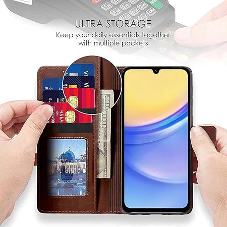 WOW IMAGINE Shock Proof Flip Cover Back Case Cover for Samsung Galaxy A15 5G (Flexible | Leather Finish | Card Pockets Wallet & Stand | Chestnut Brown)