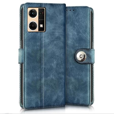 WOW IMAGINE Shock Proof Flip Cover Back Case for Oppo F21 Pro 4G (Magnetic Button Flip Case | Wallet Pockets & Stand | Leather Finish | Aquamarine)