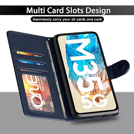 Flip Cover Samsung Galaxy M35 5G (Blue) Leather Finish | Inside TPU with Card Pockets | Wallet Stand and Shock Proof | Complete Protection Flip Case for Samsung Galaxy M35 5G (Blue)