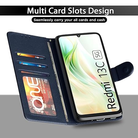 Flip Cover Redmi 13C 5G Leather Finish | Inside TPU with Card Pockets | Wallet Stand and Shock Proof | Complete Protection Flip Case for Redmi 13C 5G(Blue)