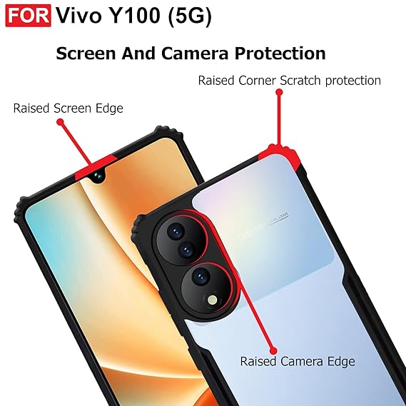 Vivo Y100 / Vivo T2 (5G) Back Case Cover | Camera Protection Shockproof Bumper-Edge | Acrylic Crystal Clear 360 Degree Protection TPU+PC | Transparent Eagle Back Case Cover (Black)