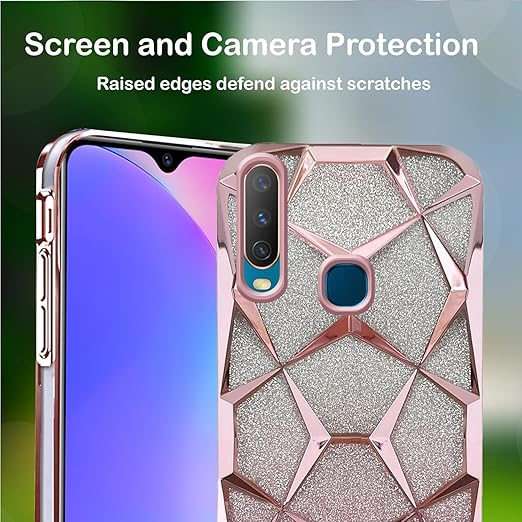 Vivo Y17/ Y15/ Y12/ U10 Luxury Electroplated 3D Cube Diamond Bling Shiny Shockproof Stylish Design Slim Protective Back Cover for Girls & Women (Pink)