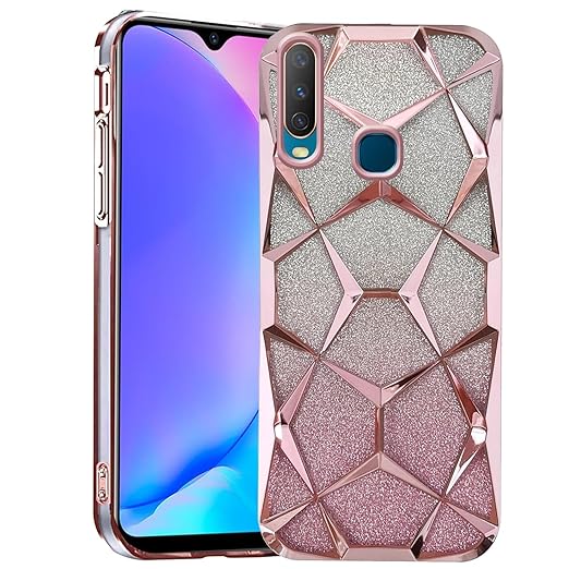 Vivo Y17/ Y15/ Y12/ U10 Luxury Electroplated 3D Cube Diamond Bling Shiny Shockproof Stylish Design Slim Protective Back Cover for Girls & Women (Pink)